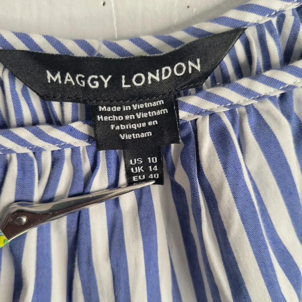 Maggy London Womens‎ Blue White Striped Cold Shoulder Ruffle Shift Dress Size 10